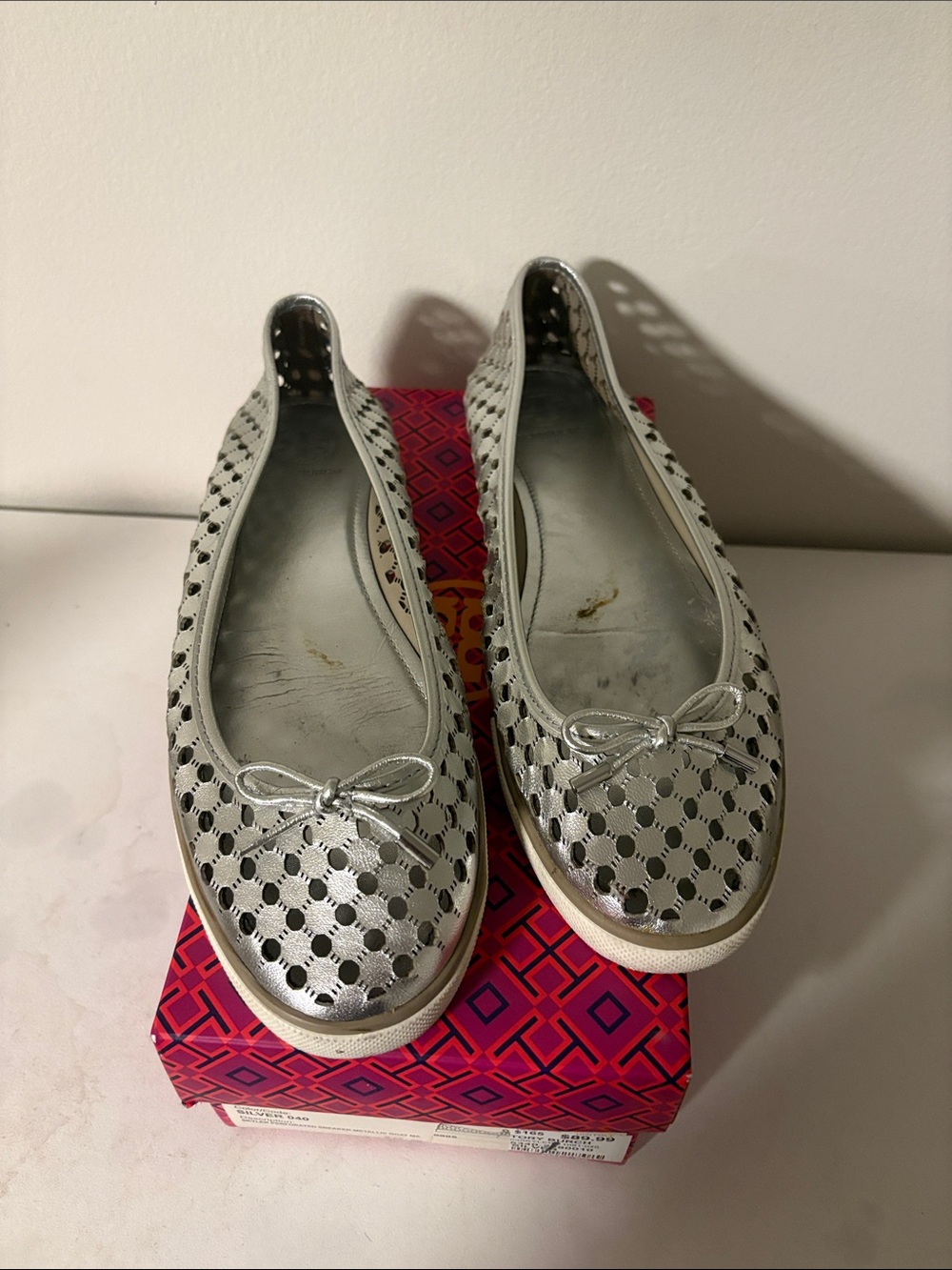 Tory Burch Silver Perforated Bow Ballet Flats